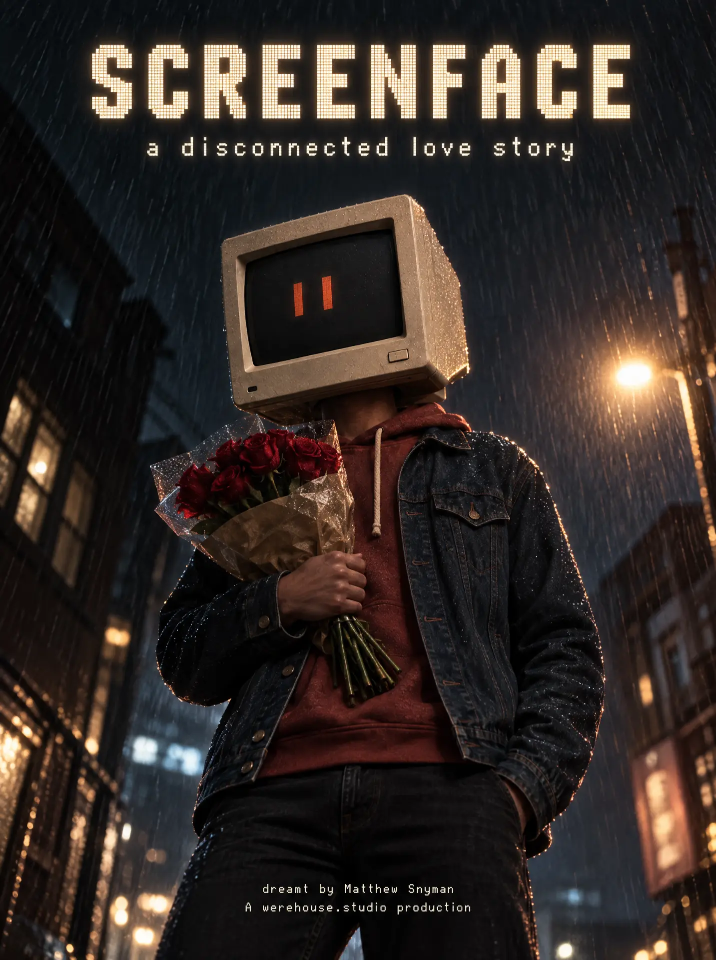 Screenface film poster — a figure with a CRT monitor for a face holds a bouquet of red roses in the rain, under pixel-lettered Screenface title and the tagline a disconnected love story