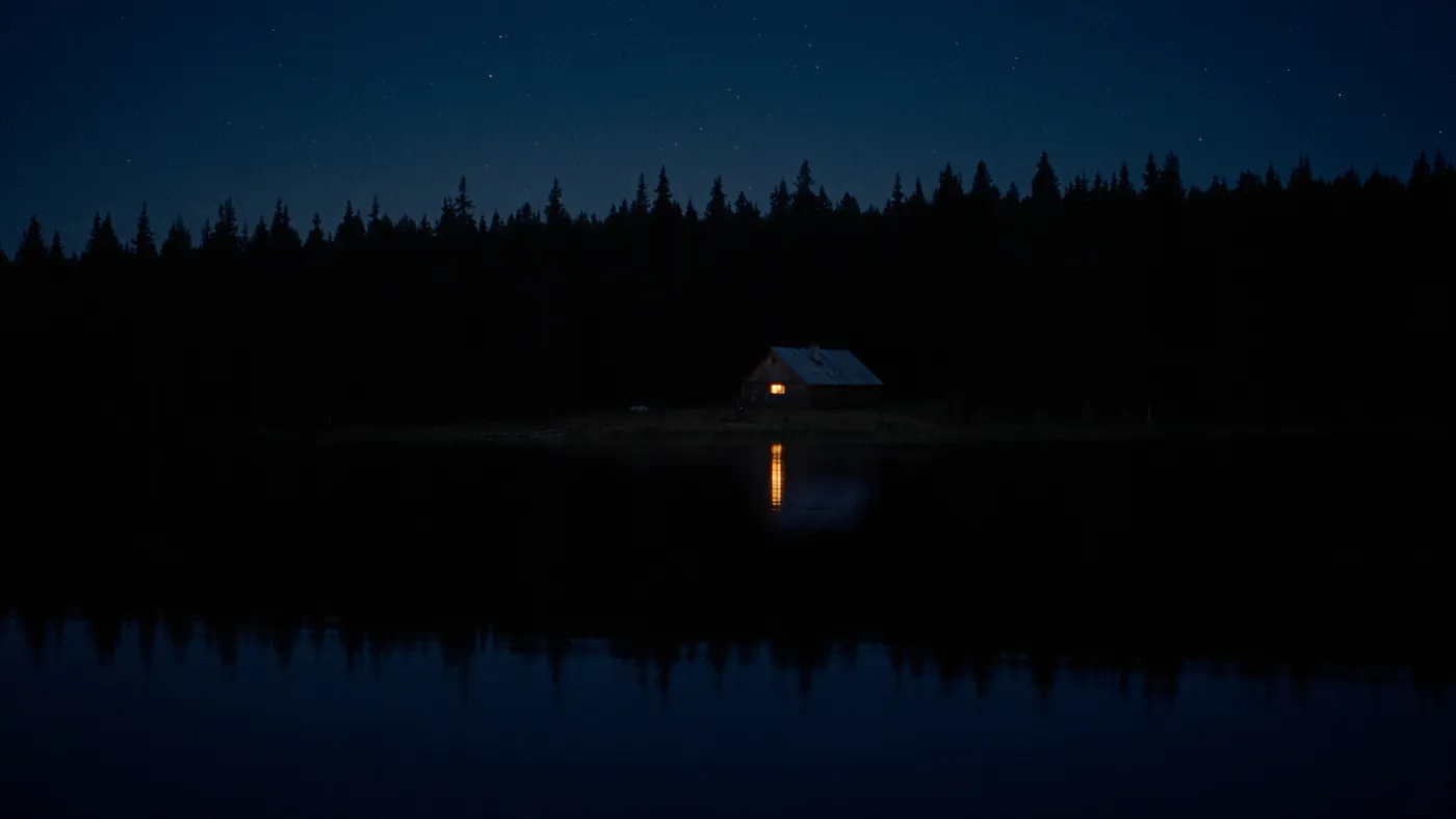 A lone cabin glows at the edge of a dark lake beneath the stars