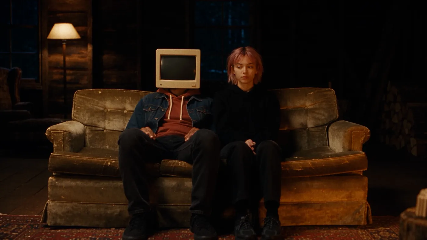 Screenface and another teenager sit side by side on a worn couch in a dim cabin room