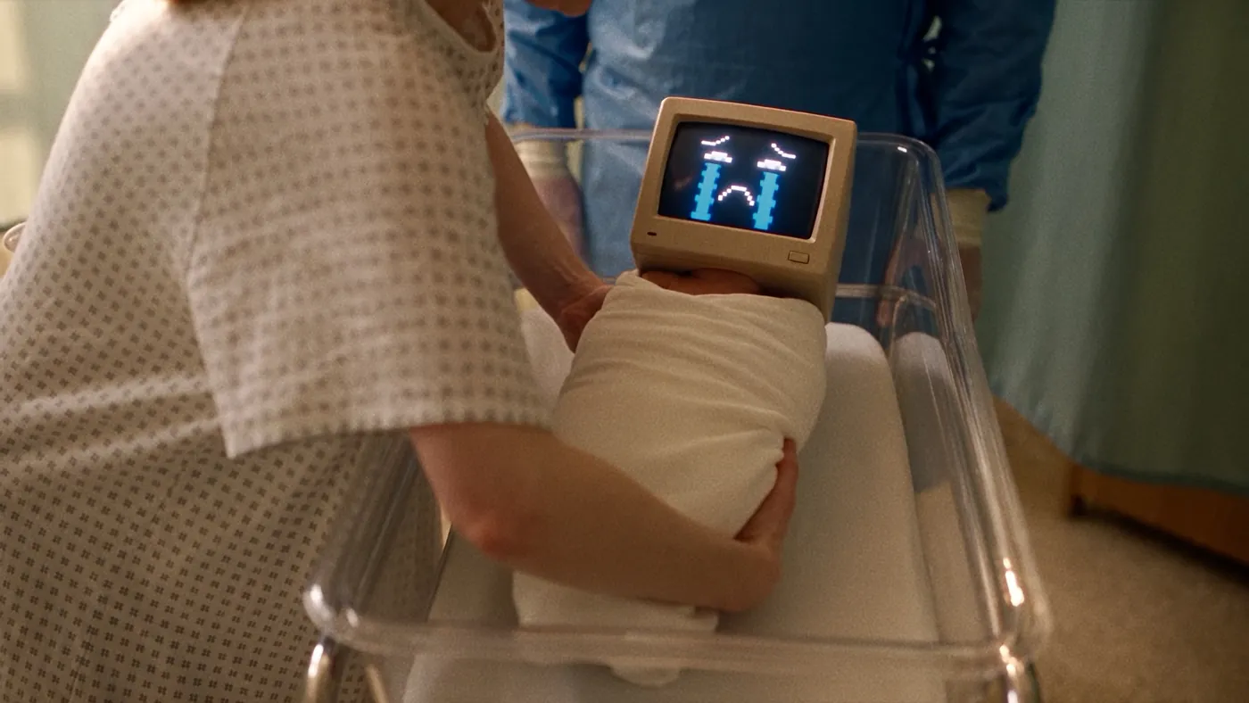 A newborn with a small CRT monitor for a head, crying pixels
