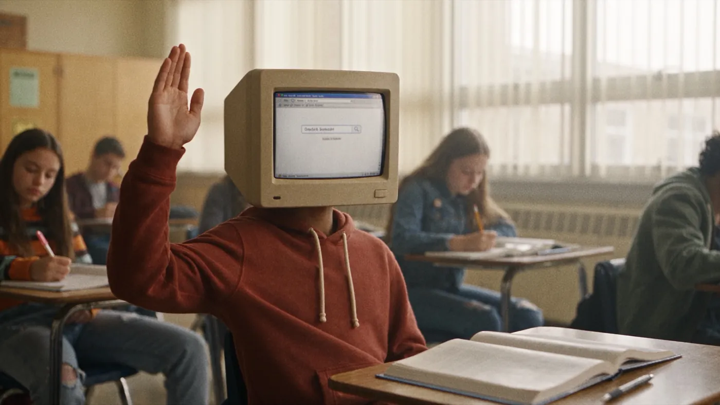 The boy raising his hand in a classroom, browser window on his face