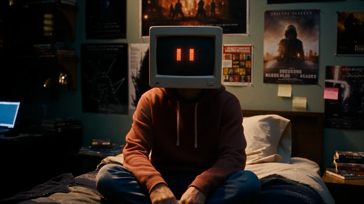 Sitting cross-legged on a bed in a poster-covered room, two red bars glowing on his screen