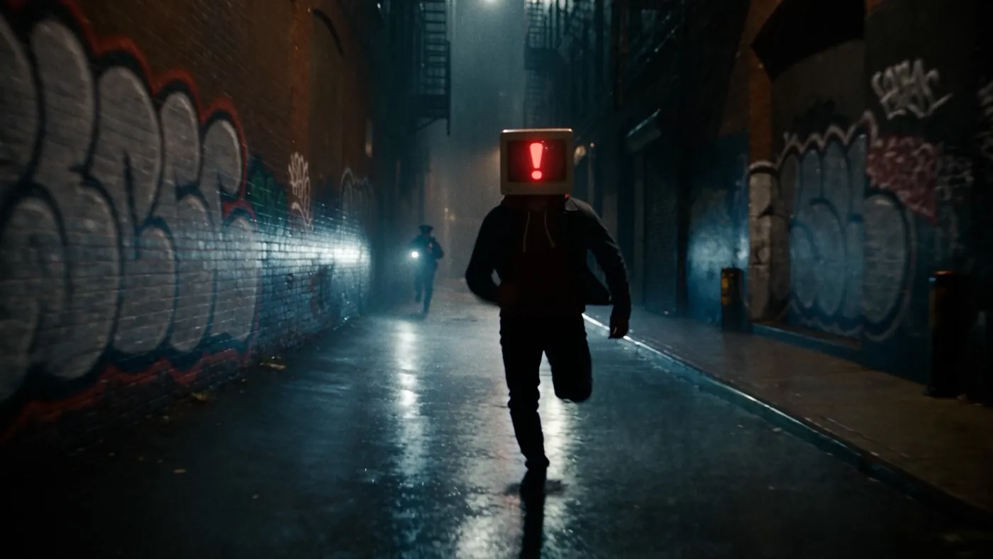 Running down a graffitied alley at night, red alert on his screen